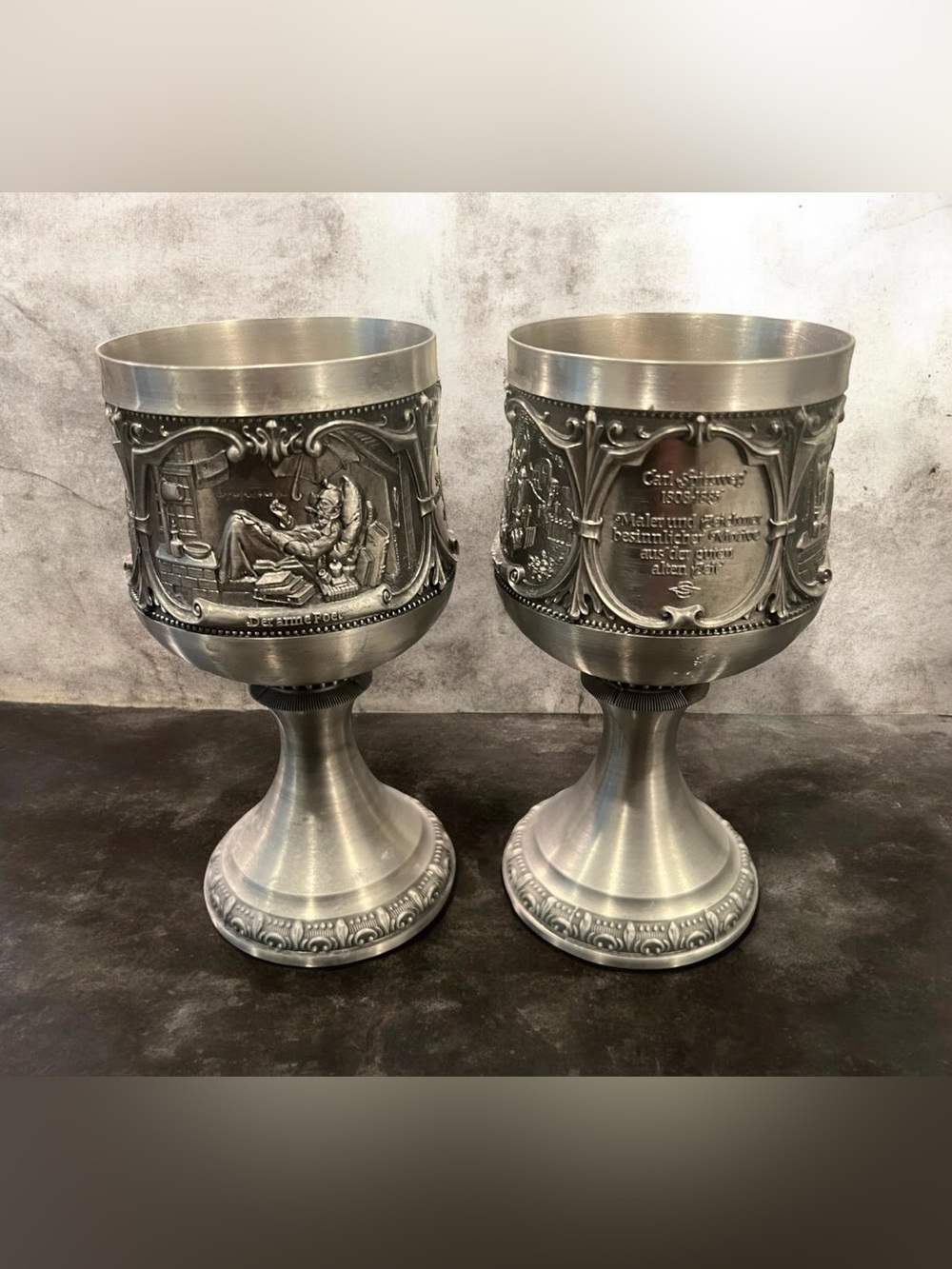 Vintage pewter wine goblet
Commemorating Carl Spitzweg German
romantic painter.
